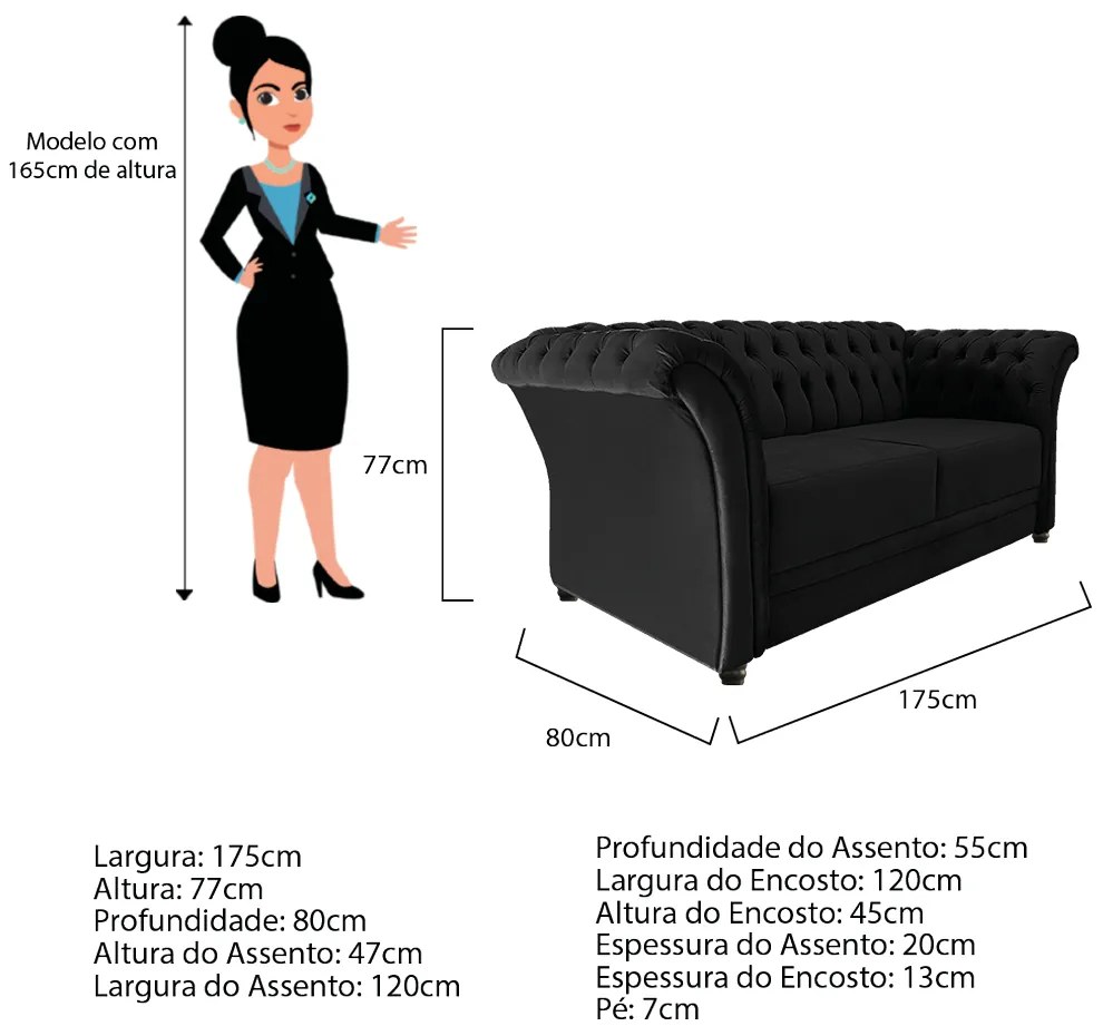 Namoradeira Chesterfield Sofia Suede Preto - ADJ Decor