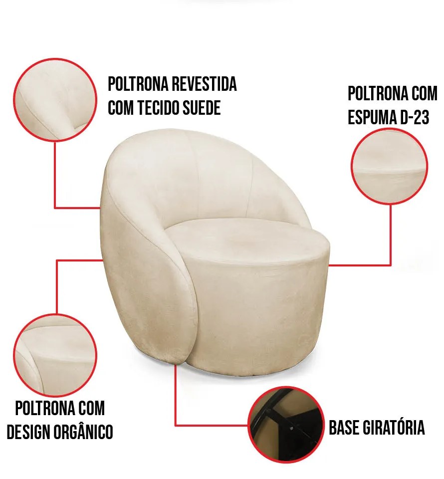 Poltrona Decorativa Orgânica Giratória Kit 2 Lua Suede Bege D03 - D'Rossi