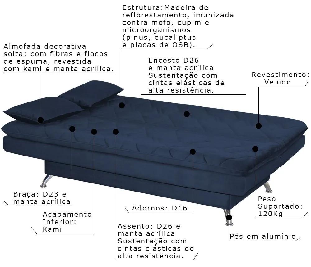 Sofá Cama Sala de Estar 193cm Belinda com Pés Alumínio Veludo Azul Marinho G45 - Gran Belo
