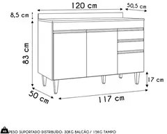 Balcão de Cozinha Para Pia 120cm com Tampo Michigan Cinza Claro/Castan