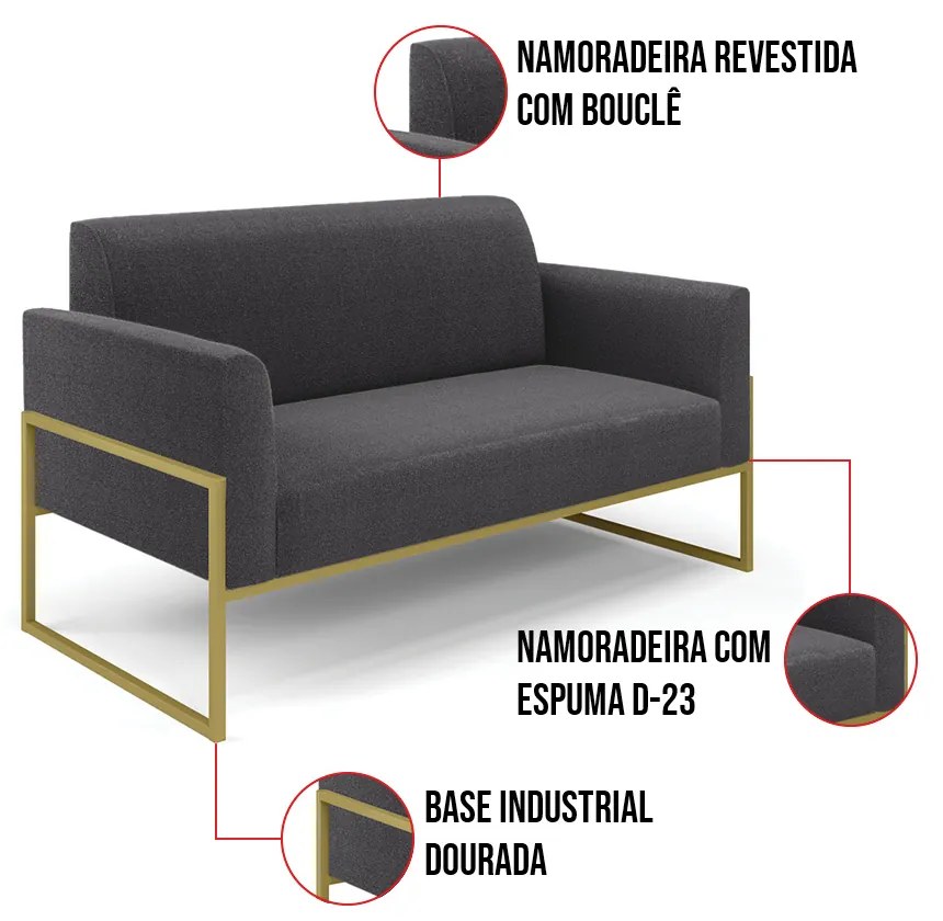 Namoradeira e 2 Poltronas Industrial Alta Dourado Marisa Bouclê Grafite D03 - D'Rossi