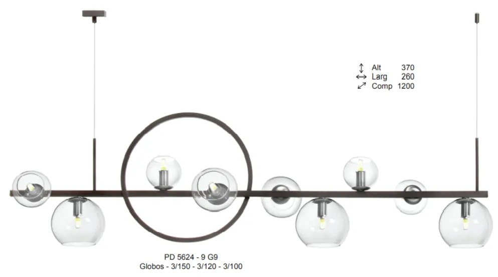 Pendente Solênio Retangular C/ Aro 120X26X37Cm Globo Aberto Ø10Cm / Ø1... (CAFÉ, FOSCO (Branco))