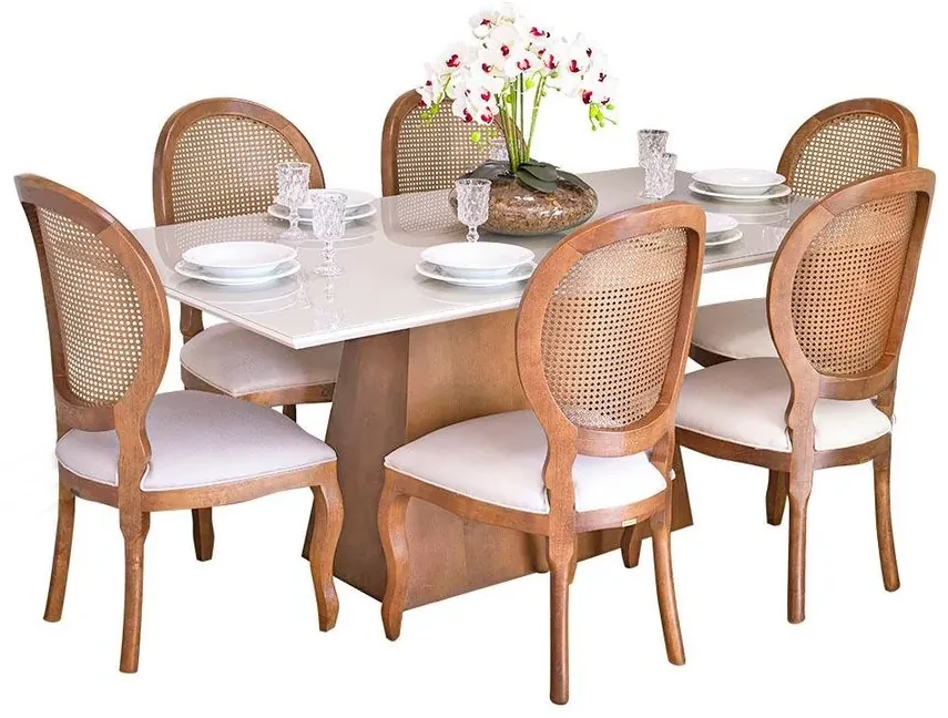 Conjunto Sala de Jantar Mesa Bonnie com 6 Cadeiras Medalhão Palha - Wood  Prime 38716