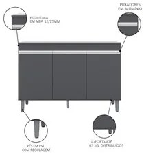 Balcão Gabinete Para Pia 120cm 3 Portas Com Tampo Manu Cinza - AJL Móv