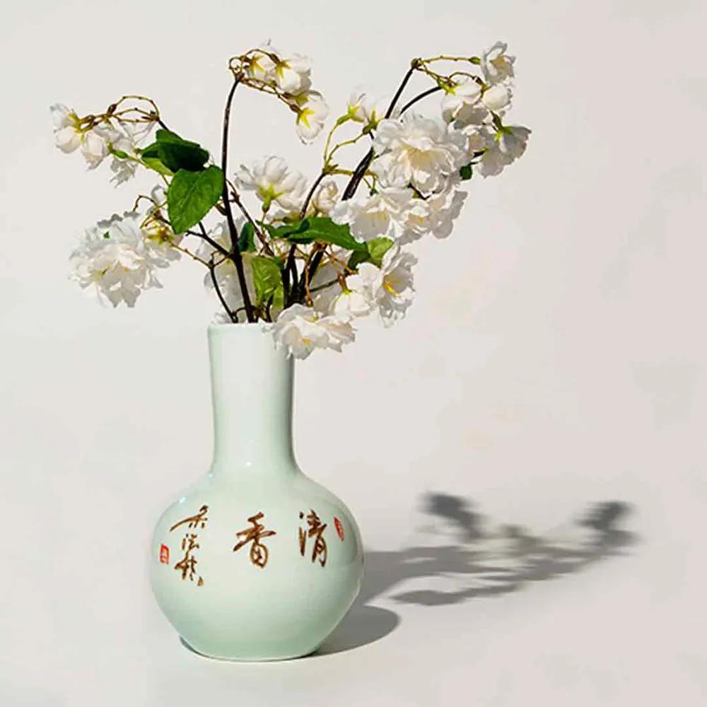 Floreiro em Porcelana Reto com Flores Verde e Branco D15cm x A22cm