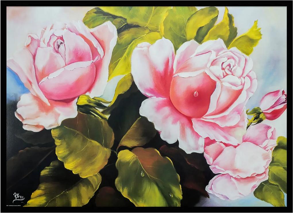 Quadro Floral Decorativo Moldura Preta Flores Rosas 70x50cm
