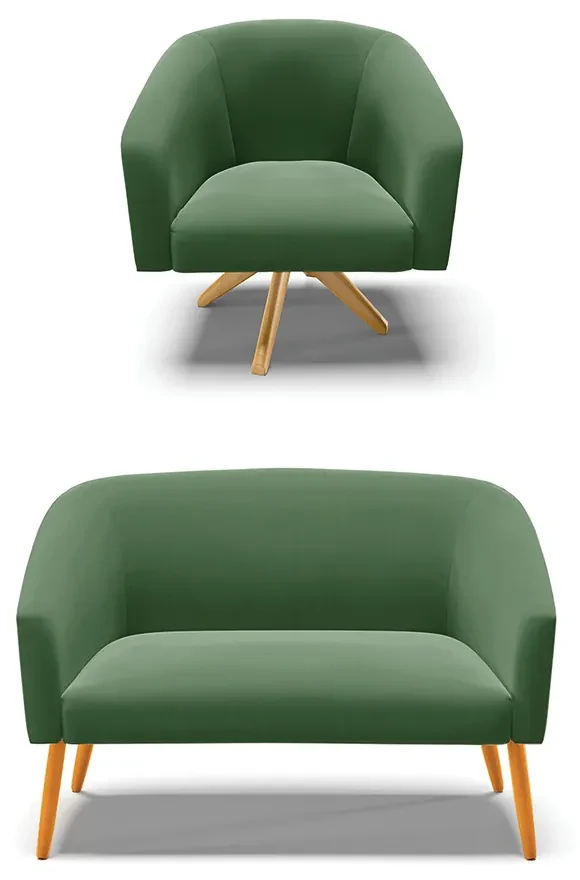 Sofá Namoradeira e Poltrona Giratória MA30 Stella Suede D03 - D'Rossi - Verde