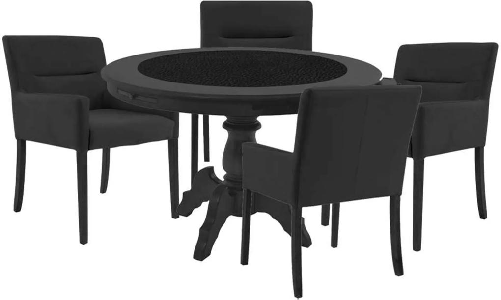 Mesa de Jogos Carteado Montreal Redonda Tampo Reversível Preto com 4 Cadeiras Vicenza Preto Fosco - Gran Belo