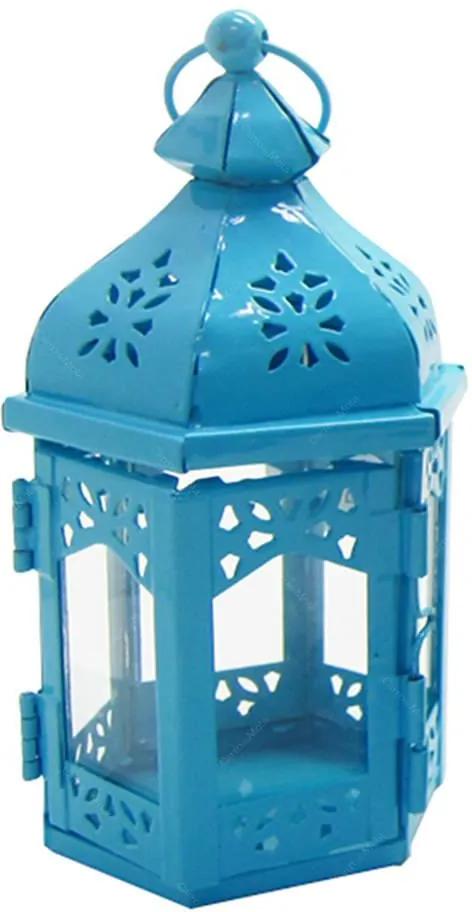 Lanterna Pequena Marroquina Hexagonal Azul em Metal e Vidro - Urban