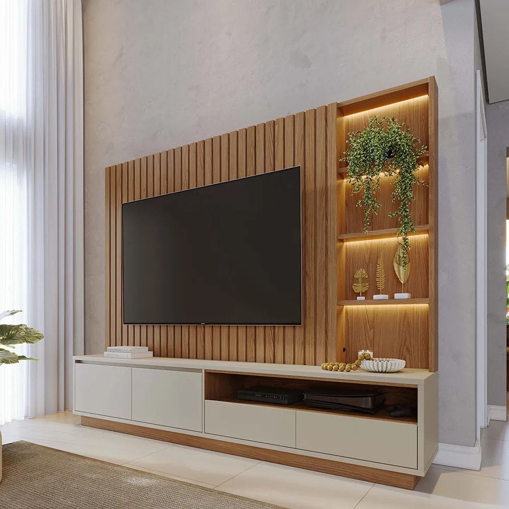 Estante de TV 82 Polegadas 240cm com LED Leme C04 - D'Rossi - Freijó e Off White Matte