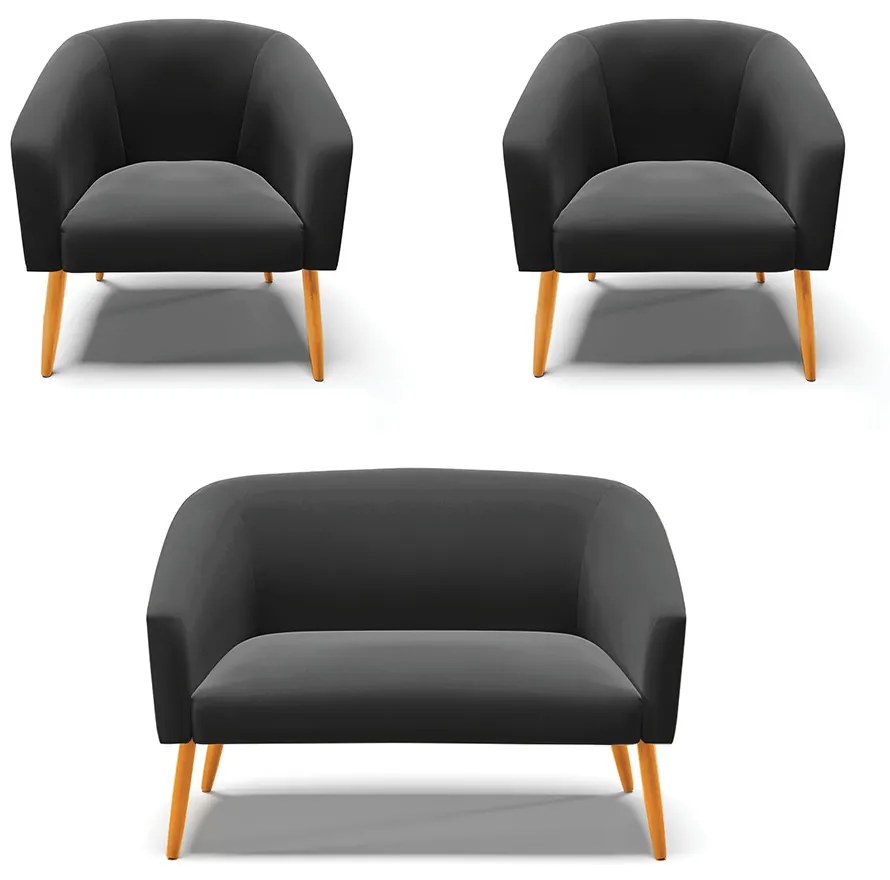 Namoradeira e 2 Poltronas Pé Palito Castanho Stella Suede Preto D03 - D'Rossi