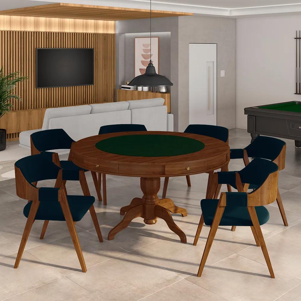 Conjunto Mesa de Jogos Carteado Bellagio Tampo Reversível e 6 Cadeiras Madeira Poker Base Estrela Veludo Azul Marinho/Imbuia G42 - Gran Belo