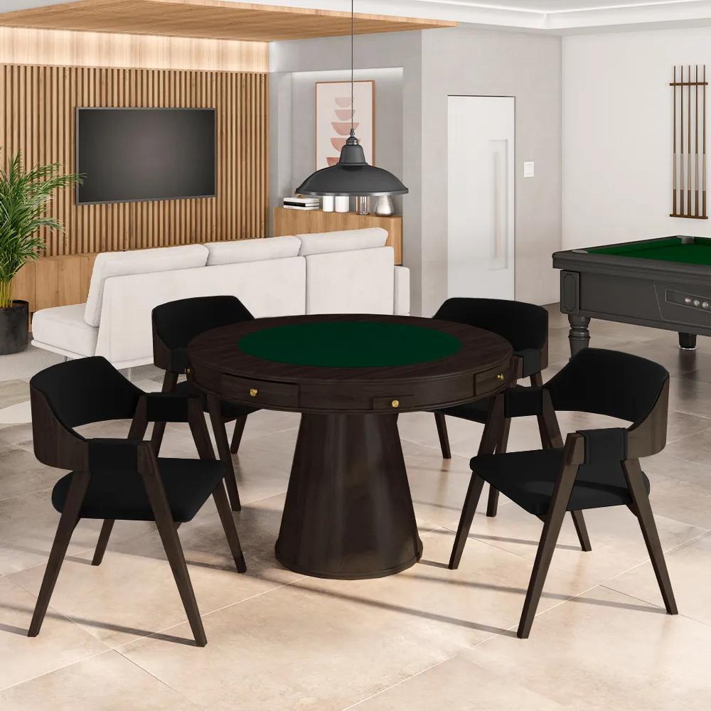 Conjunto Mesa de Jogos Carteado Bellagio Tampo Reversível e 4 Cadeiras Madeira Poker Base Cone Veludo Preto/Capuccino G42 - Gran Belo