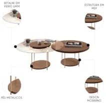 Mesa de Centro Para Sala Pés Metálicos Kit 2 Sky Castanho - HB Móveis