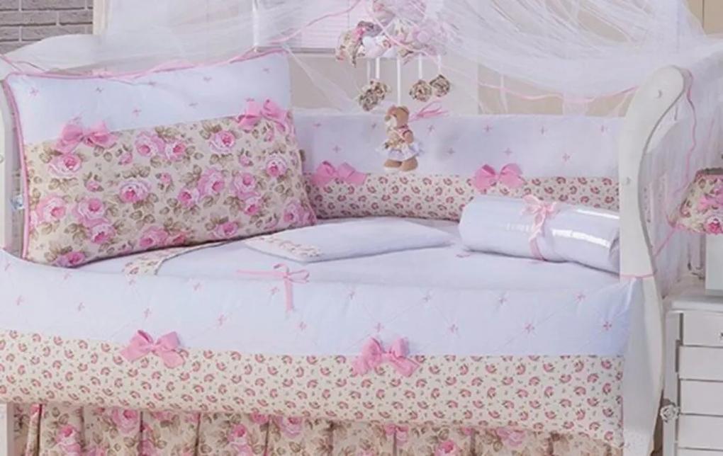 Kit Berço Laços Baby Sonho Encantado Floral Rosa e Branco