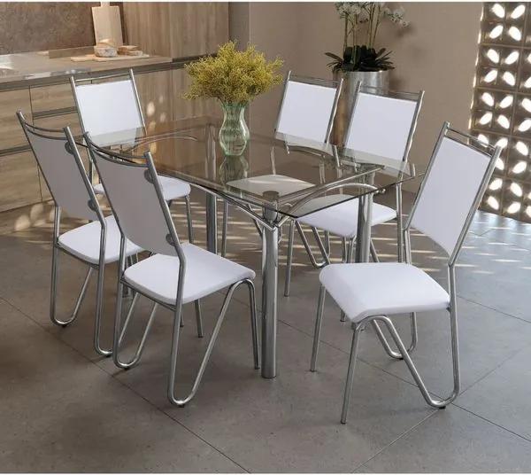 Conjunto Mesa Elba de Vidro com 6 Cadeiras Londres Kappesberg - Cromado/Branco
