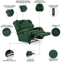 Poltrona do Papai Reclinável Kalie Power Touch Massagem FH9 PU Verde M