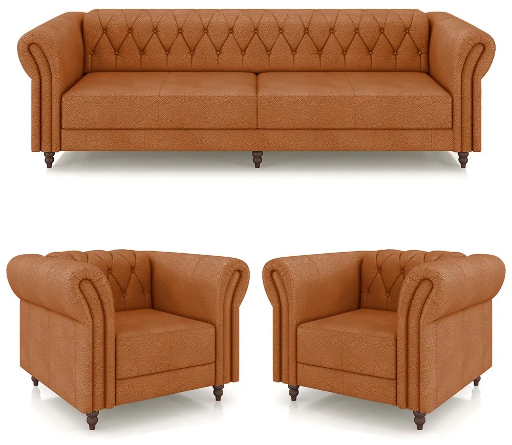 Conjunto Sala de Estar 1 Sofá Living 260cm e 2 Poltronas Stanford Chesterfield Pés Madeira Couro Terracota G58 - Gran Belo