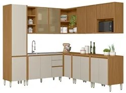 Cozinha Modulada Canto 9 Peças Balcão Para Pia Pietá L06 Nature/Off Wh