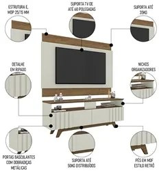 Painel para TV 60 Pol com Rack Bancada Suíça Freijó/Cinza Cristal - Mó