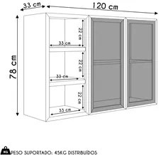 Armário Aéreo 120cm 2 Portas Vidro Reflecta e Nichos Pietá L06 Nature