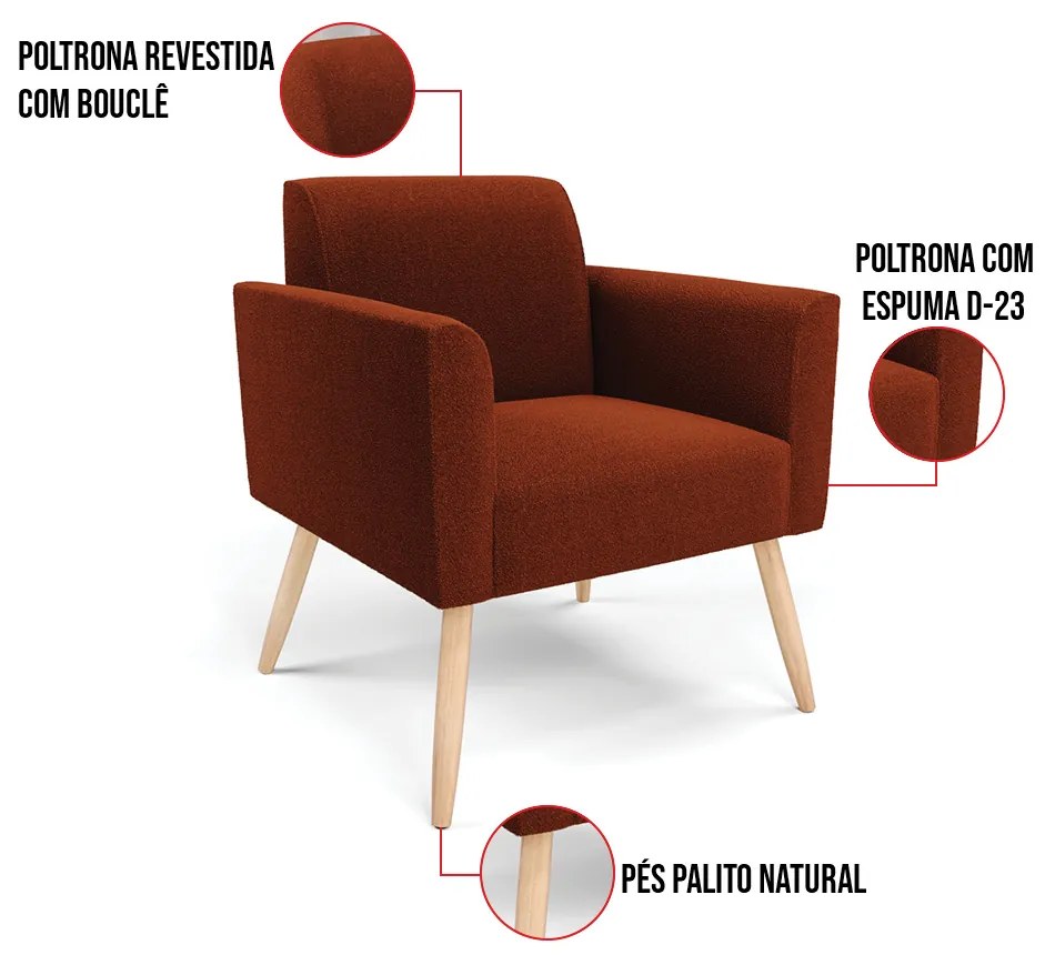 Namoradeira e 2 Poltronas Pé Palito Natural Marisa Bouclê Terra D03 - D'Rossi