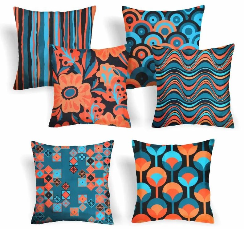 Capa de Almofada Suede Suprema em Tons Azul e Laranja - Tulipas - 50x50cm