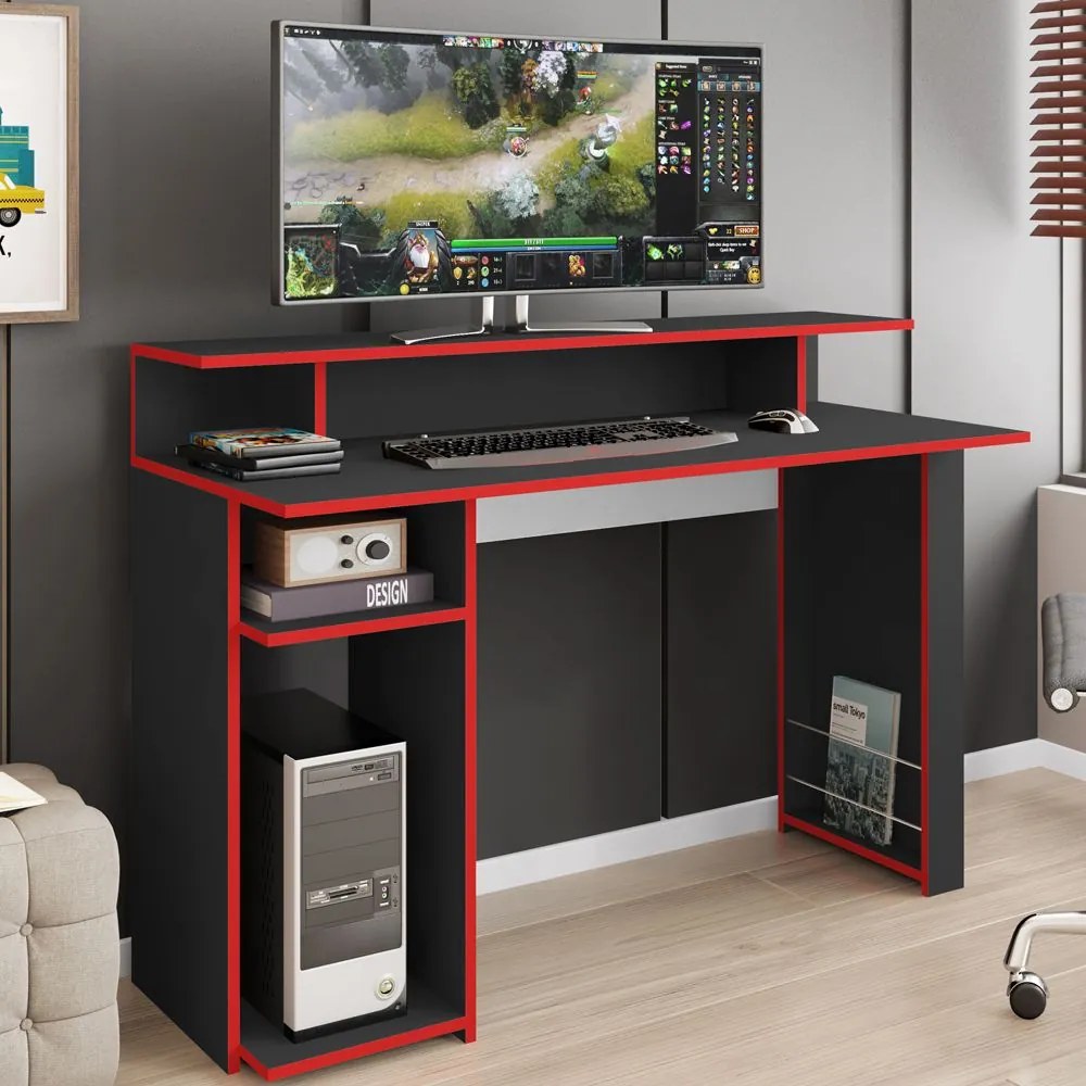 Mesa Gamer Inspire Ideal para 2 Monitores Preto/Vermelho - Art In Móveis