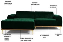 Sofá 300cm 5 Lugares com Chaise Esquerdo Pés Gold Molino C-303 Veludo