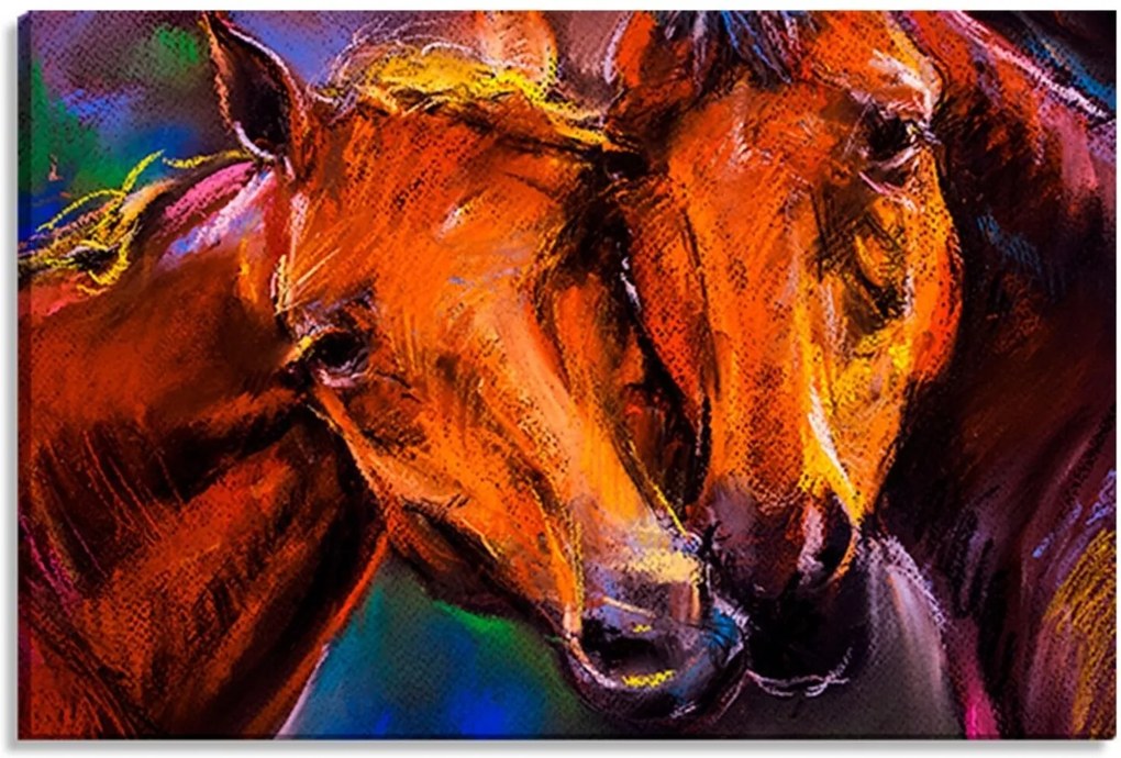 Tela Decorativa Estilo Pintura Retrato de Dois Cavalos - Tamanho: 60x90cm (A-L) Unico