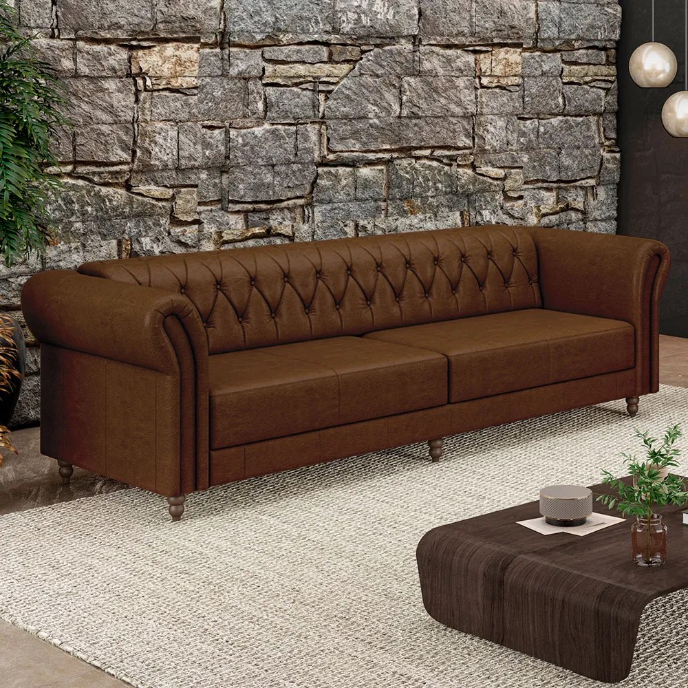 Sofá Living Sala de Estar Stanford Chesterfield 3 Lugares 240cm Pés de Madeira Couro Marrom Manchado G58 - Gran Belo