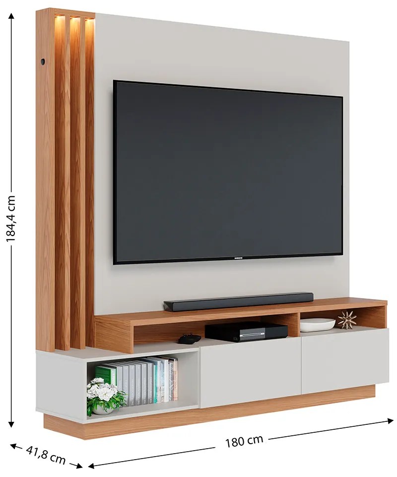 Estante de TV 65 Polegadas 180cm com Led Radaelli C04 - D'Rossi - Freijó e Off White Matte