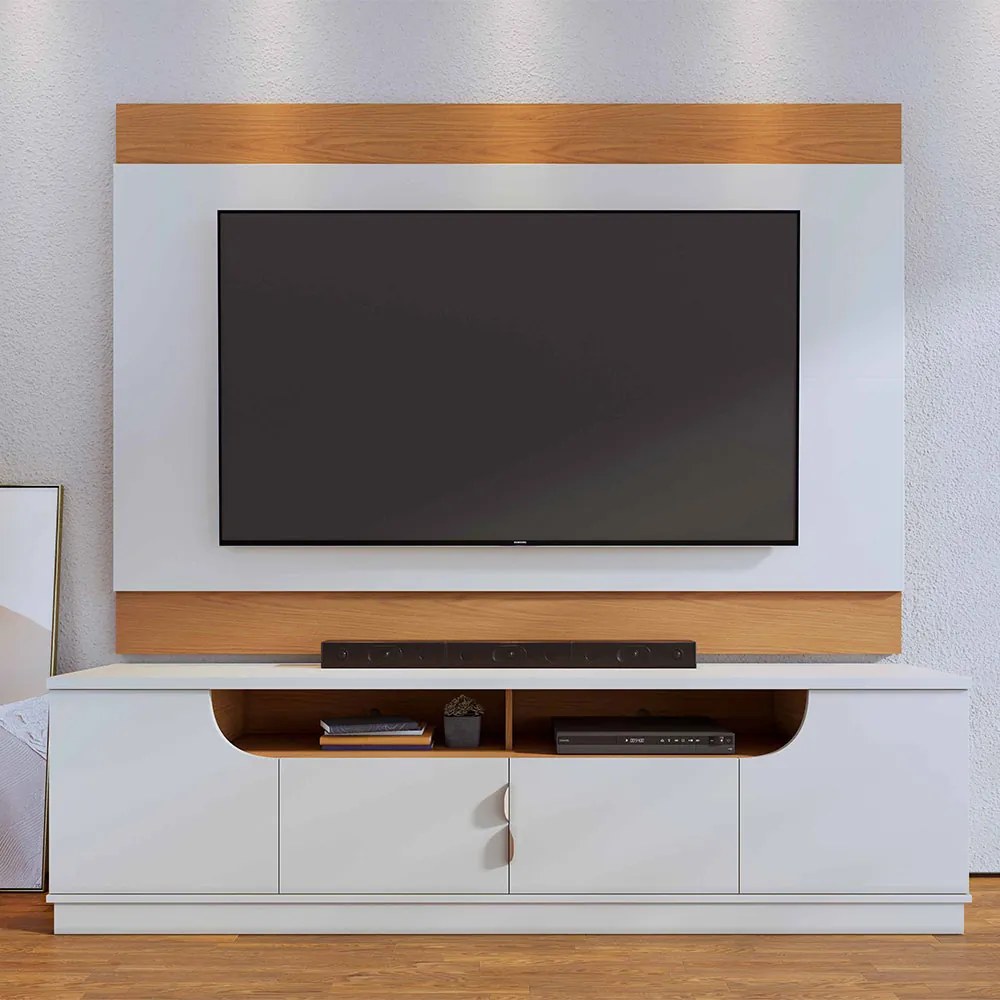 Bancada Tv de 75 Polegadas 4 Portas Karol 200cm C04 - D'Rossi - Off White Matte e Freijó