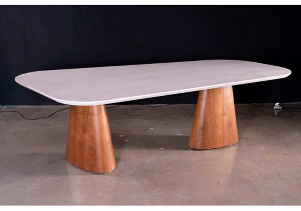 Mesa de Jantar Dinara Design Orgânico Tampo Névoa Base Madeira