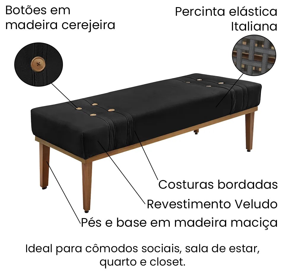 Divã Recamier Banco Base Madeira para Quarto Gênova 195cm Veludo S04 - D'Rossi - Preto