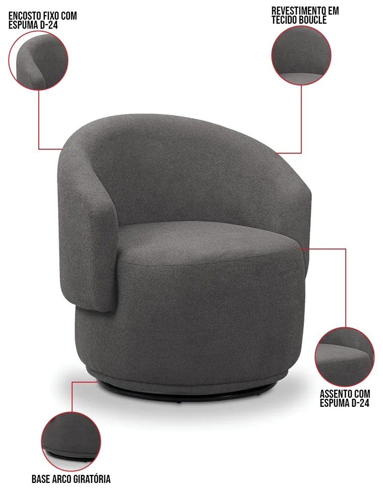 Poltrona Decorativa Orgânica Giratória Névoa Bouclê Cinza Escuro E03 - D'Rossi