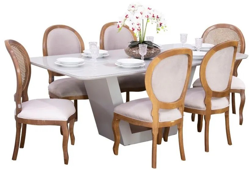 Conjunto Sala de Jantar Mesa Lilie com 6 Cadeiras Medalhão - Wood Prime 38706