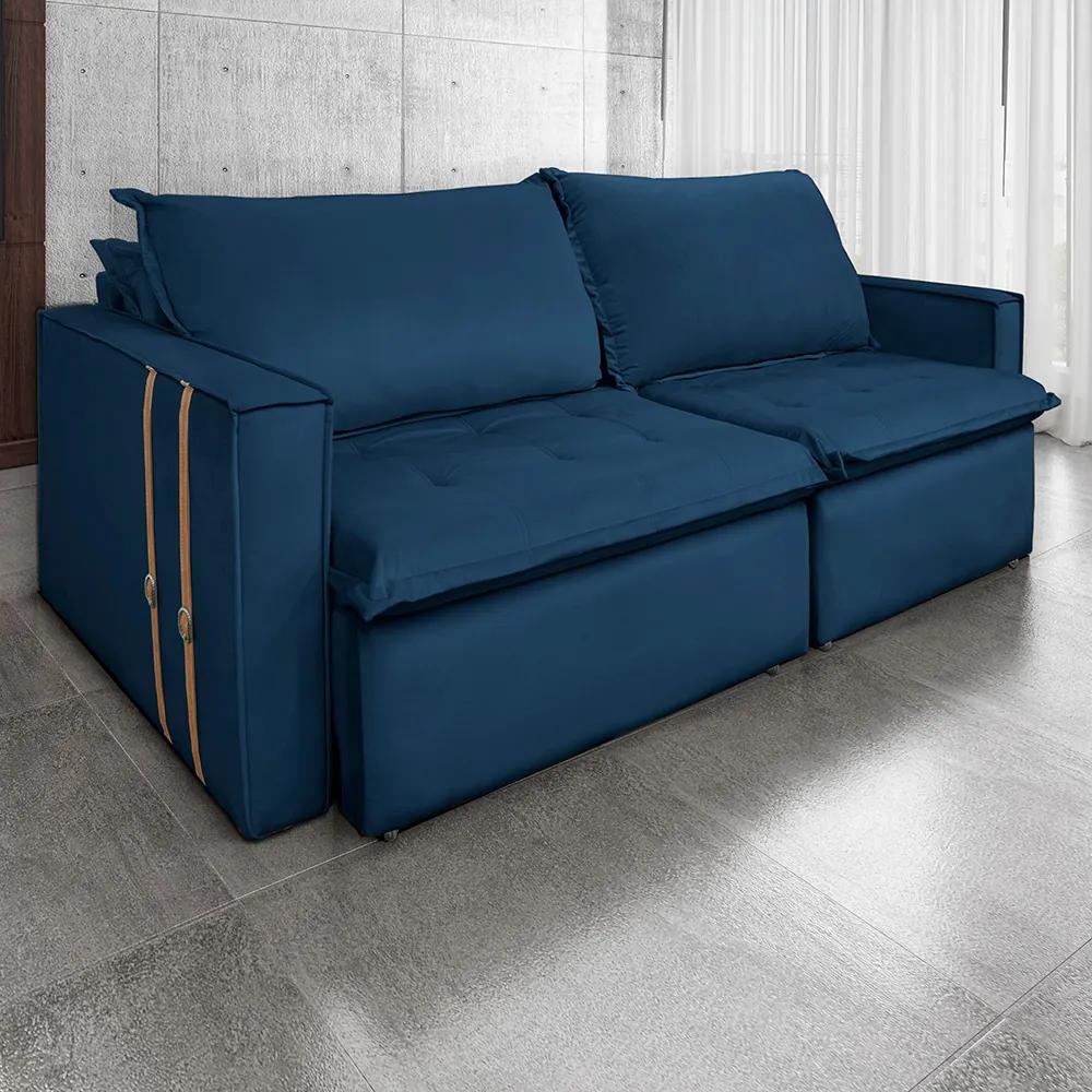 Sofá Retrátil Reclinável 4 Lugares 270 cm México Veludo Azul Marinho K01 - D'Rossi
