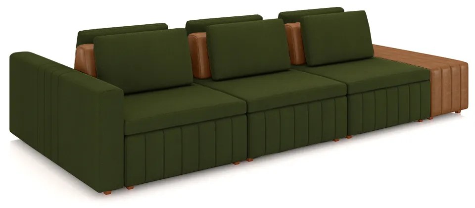 Sofá Ilha com Encosto e Almofadas Móveis Olimpo 335cm Modulado Linho/PU Verde/Caramelo G45 - Gran Belo