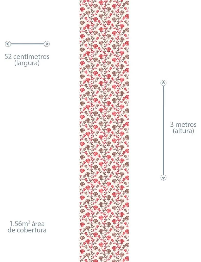 Papel de Parede Floral Vermelho Marrom e Creme 0.52m x 3.00m