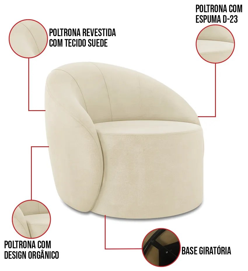 Poltrona Decorativa Orgânica Giratória Kit 2 Lua Suede D03 - D'Rossi - Bege