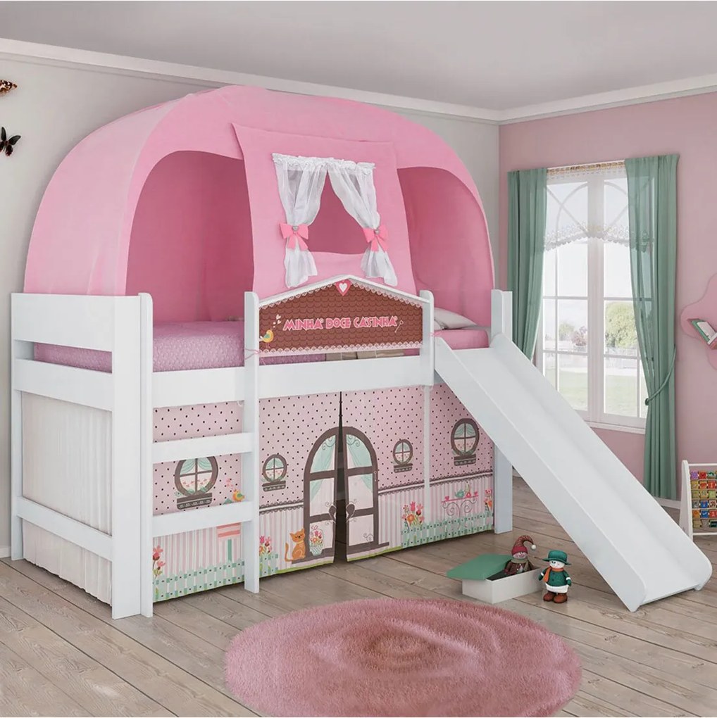 Cama Minha Doce Casinha Play C/Esc e Barraca Branco-Acetinado Pura Magia