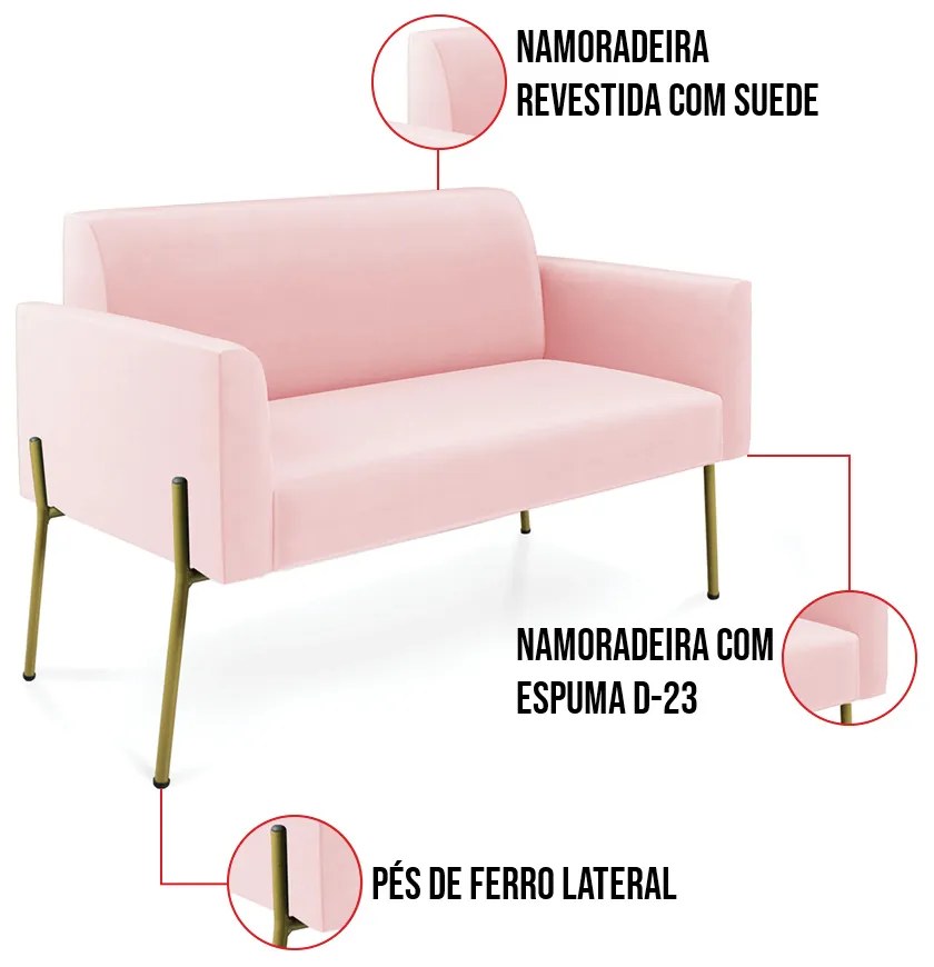 Sofá Namoradeira e Poltrona Pé de Ferro Dourado Marisa Suede Rosa Bebê D03 - D'Rossi