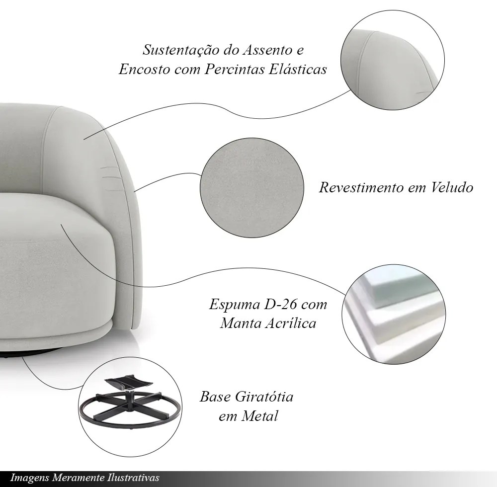 Kit 2 Poltronas Decorativas Jenny Base Giratória em Metal Preto Veludo Cinza Claro G45 - Gran Belo