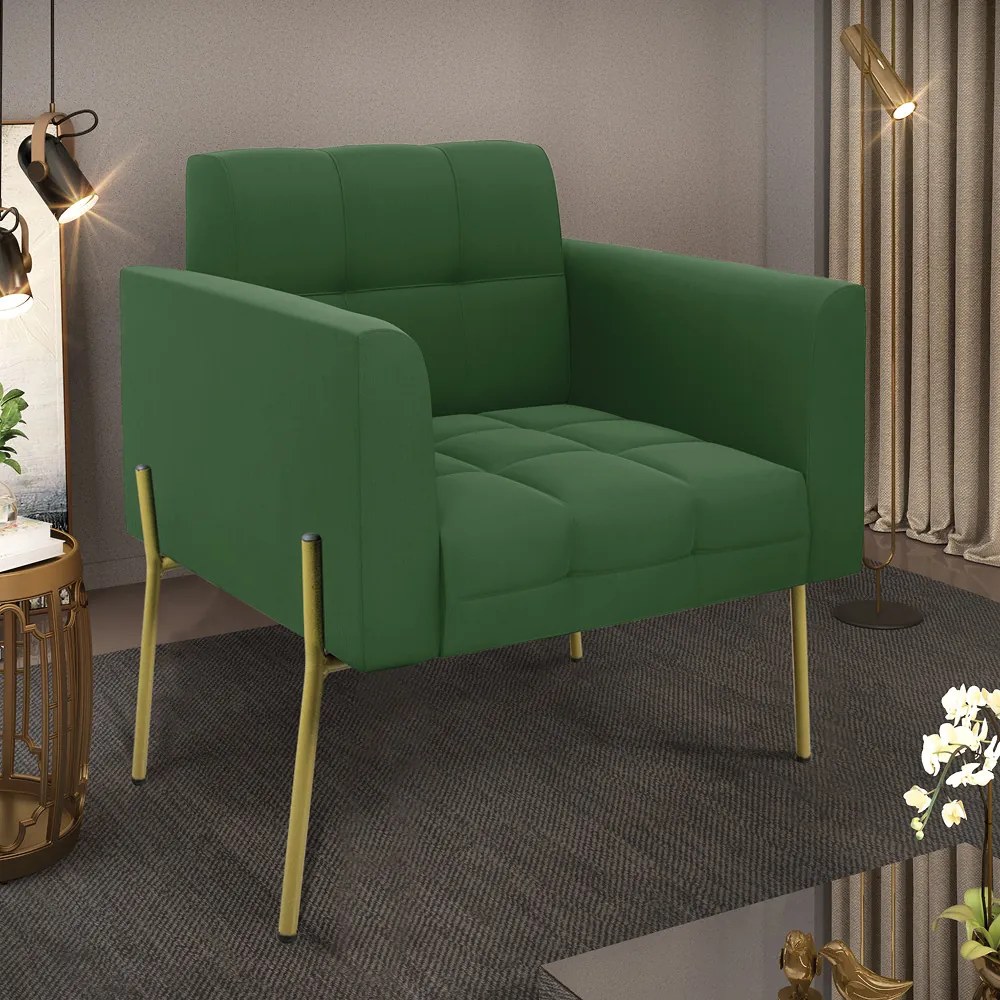 Poltrona Pé de Ferro Dourado para Sala Elisa Suede Verde D03 - D'Rossi