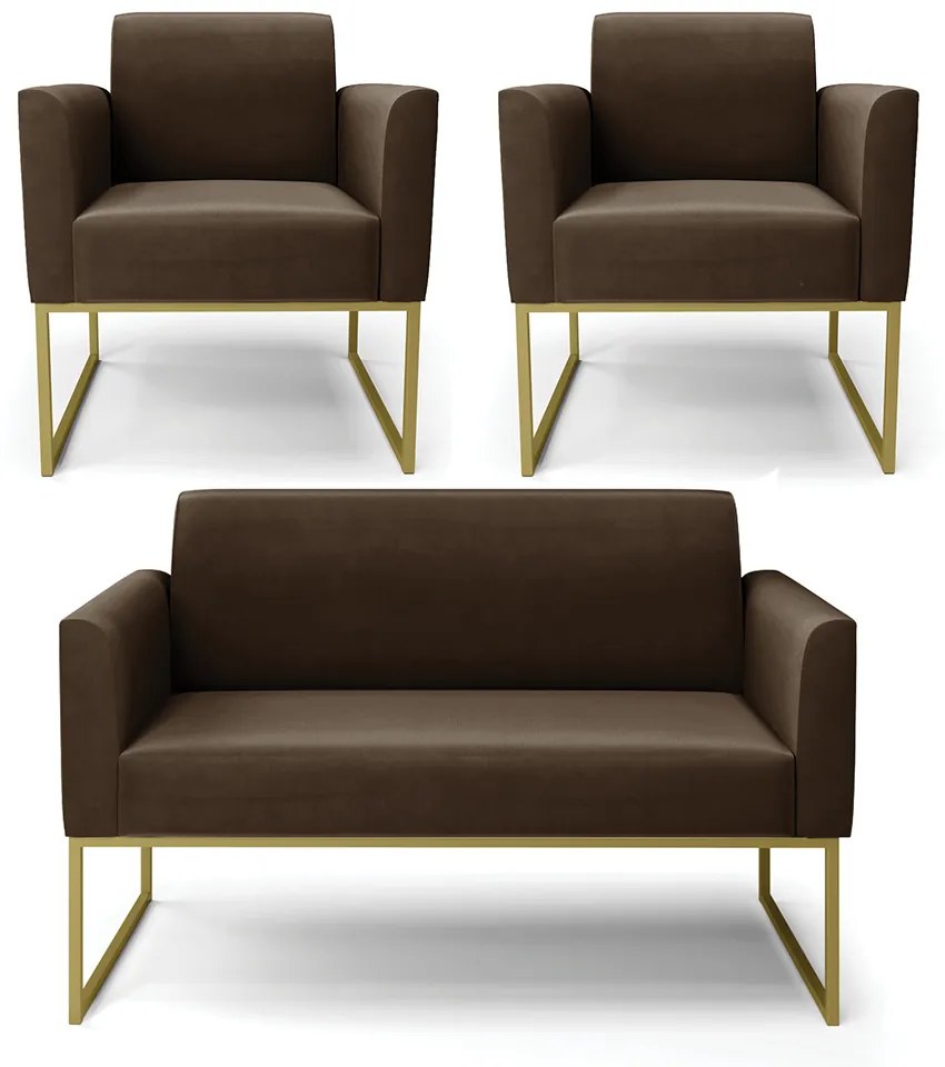 Sofá Namoradeira com 2 Poltronas Base Industrial Dourado Marisa Suede Marrom D03 - D'Rossi