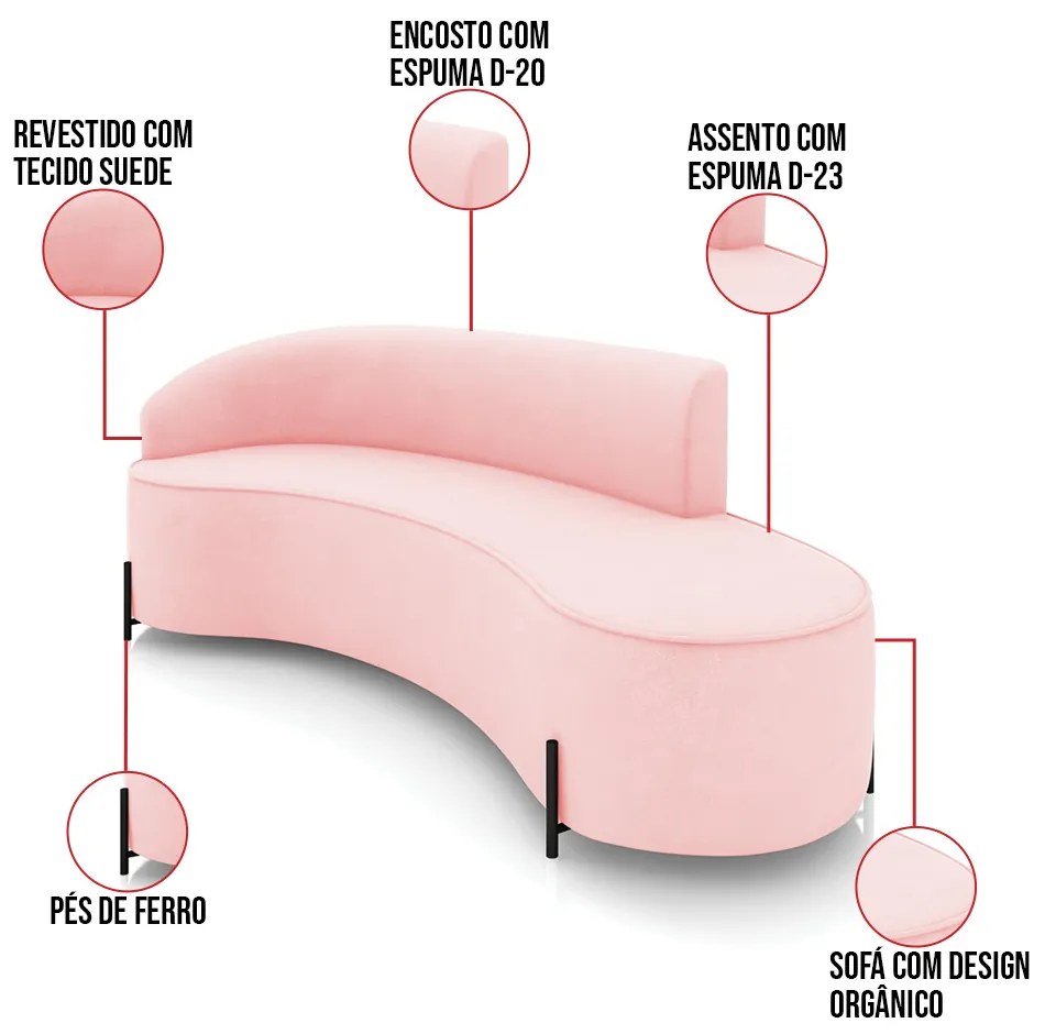 Sofá 4 Lugares Orgânico 220cm Pé Ferro Preto Morgan Suede D03 - D'Rossi - Rosa Bebê