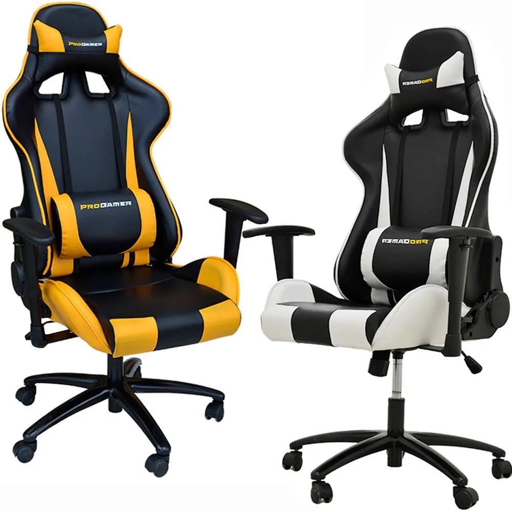 Kit 02 Cadeiras Gamer Giratória Reclinável com Regulagem de Altura PRO-V Sport PU Sintético Preto/Amarelo e Branco G56 - Gran Belo