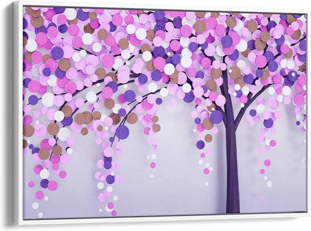Quadro 60x90cm Abstrato Árvore com Pétalas Rosa e Lilás Canvas Moldura Flutuante Branca