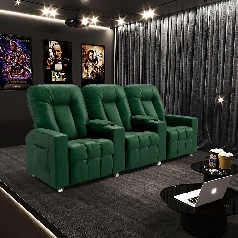 Poltrona do Papai Reclinável 3 Lugares Sala de Cinema Pequim Manual PU Verde G23 - Gran Belo